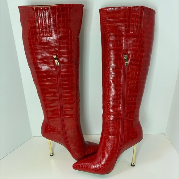 Unbranded Red Croc Embossed Knee High Boots Gold Heel Pointed Toe Size 8 - Picture 14 of 16